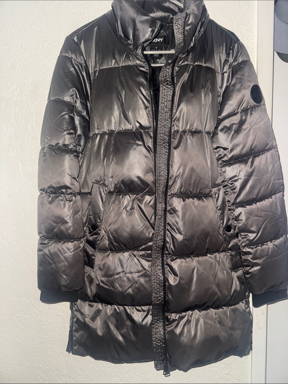 DKNY Women's Shiny Black Quilted Puffer Coat